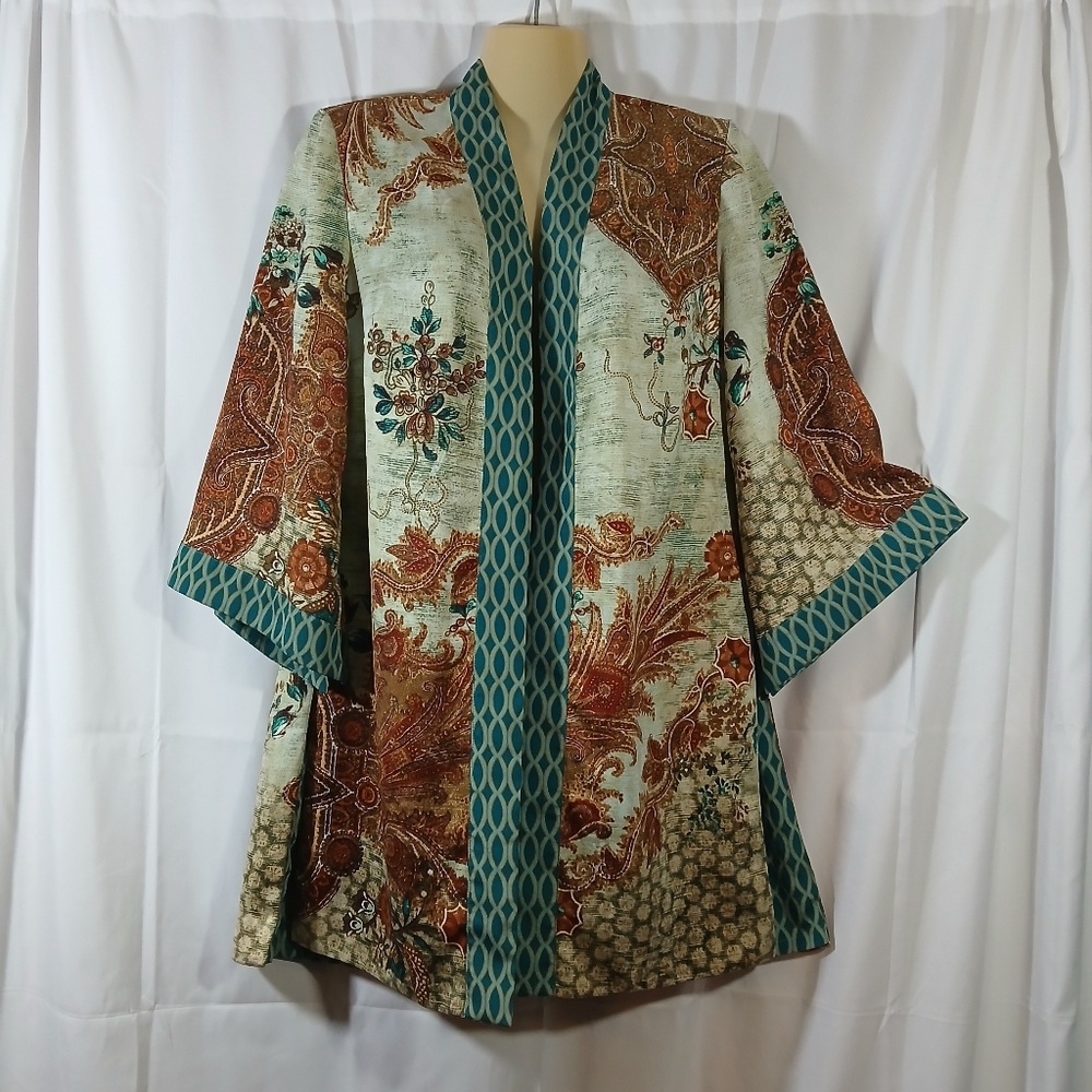 Chico's Womens Small Reversible Kimono Mixed Floral Geometric Jacket Boho